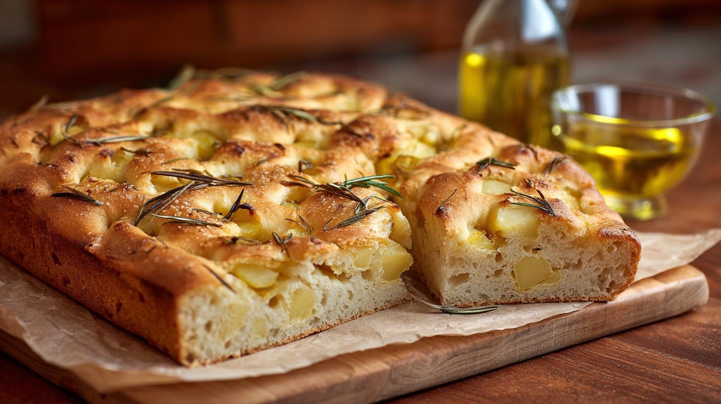 Focaccia alta con patate e olio d’oliva senza lunghe attese. Ingredienti essenziali