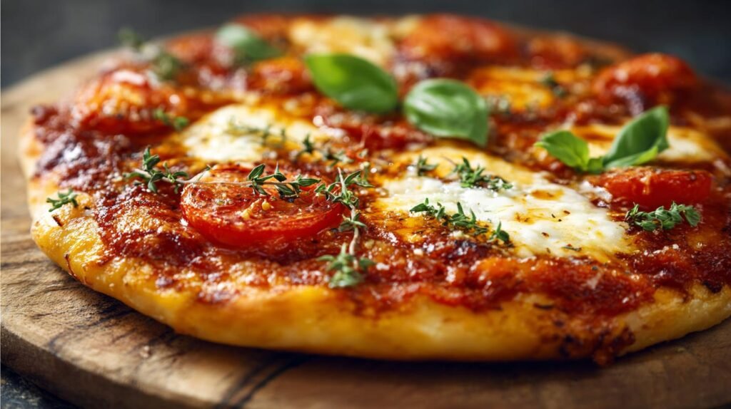 Pizza margherita con pomodoro e mozzarella croccante senza attese