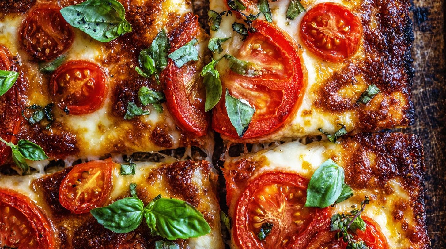 Pizza in teglia con pomodoro e mozzarella croccante senza lunghe attese. Impasto rapido e pratico