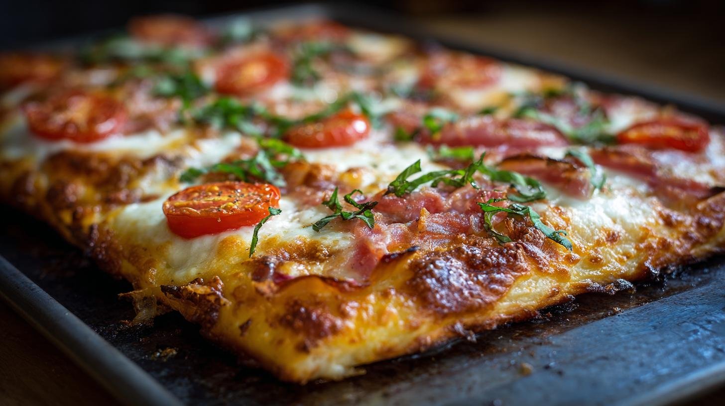 Pizza in teglia con pomodoro e mozzarella croccante senza lunghe attese