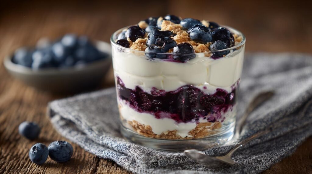 Parfait allo yogurt greco e mirtilli pronto in 5 minuti
