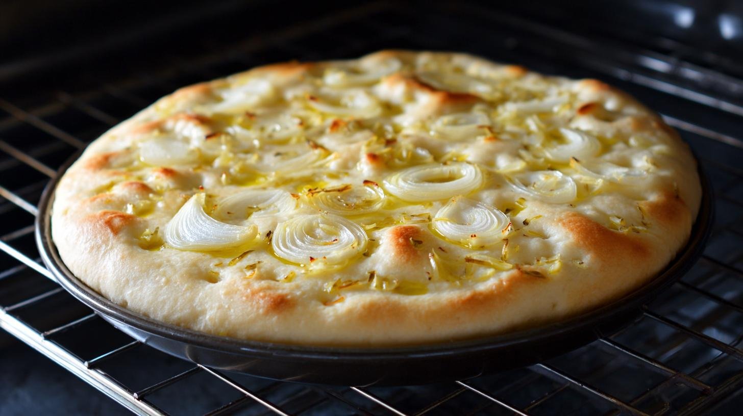 Focaccia morbida con cipolle e olio pronta in forno
