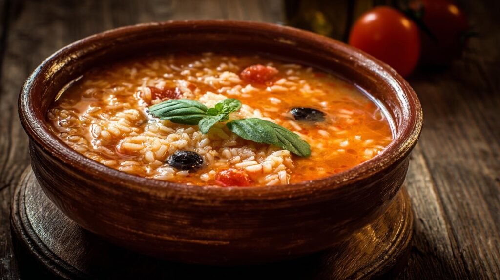 Minestra riso e pomodori con gusto pieno e caldo
