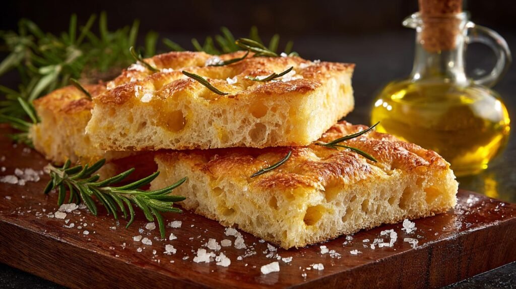 Focaccia croccante con olio d’oliva e sale grosso semplice