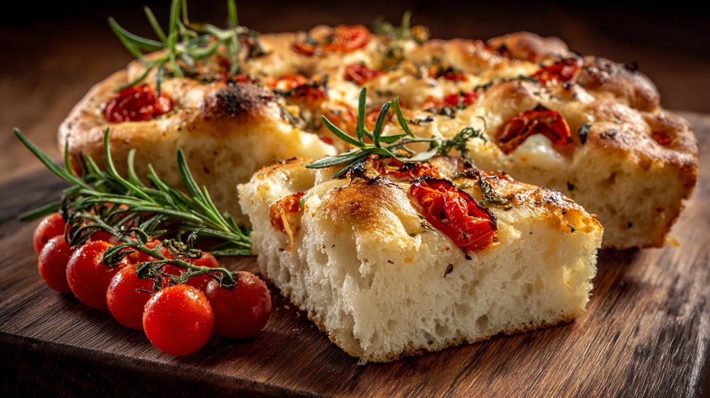 Focaccia pomodori e mozzarella soffice con crosta dorata