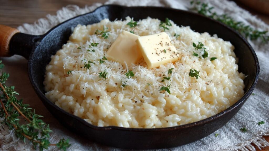 Risotto cremoso con parmigiano e burro, trucco per riso perfetto